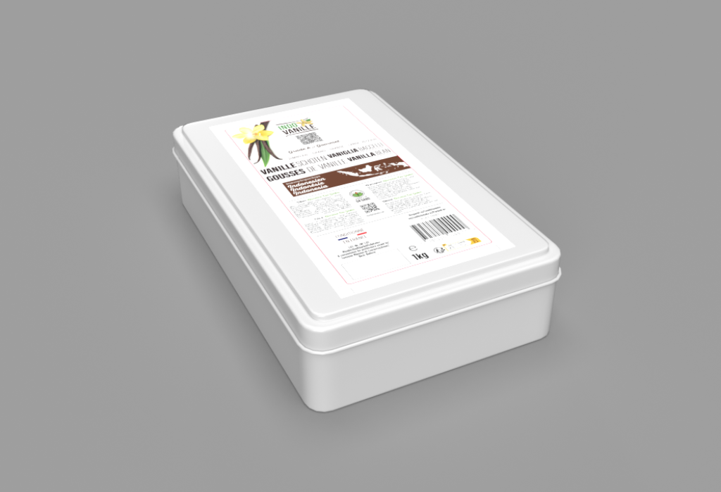 [VAN-BG1622B-TBOX1kg] Grand Gousse de Vanille Grand-Cru "IndoVanille" Vanille d'Indonésie (Boîte en fer blanc - 1kg)